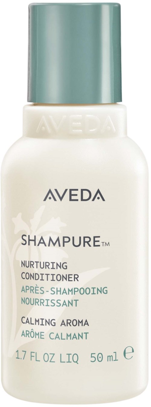 Kleine weiße Flasche mit grünem Deckel, labeled Aveda Shampure, enthält pflegenden Conditioner für Haare.