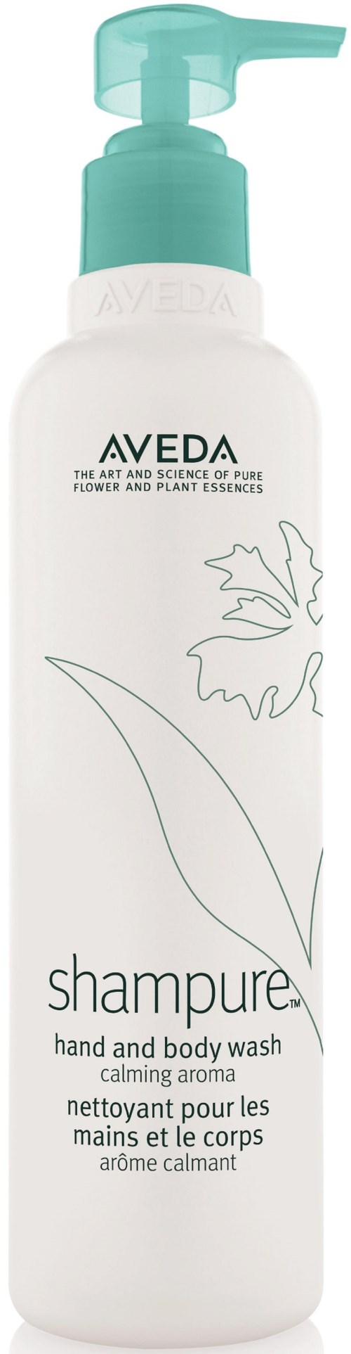 Eine weiße Flasche Aveda-Shampoo mit blauer Pumpe, gekennzeichnet als Hand- und Körperwäsche mit beruhigendem Aroma.