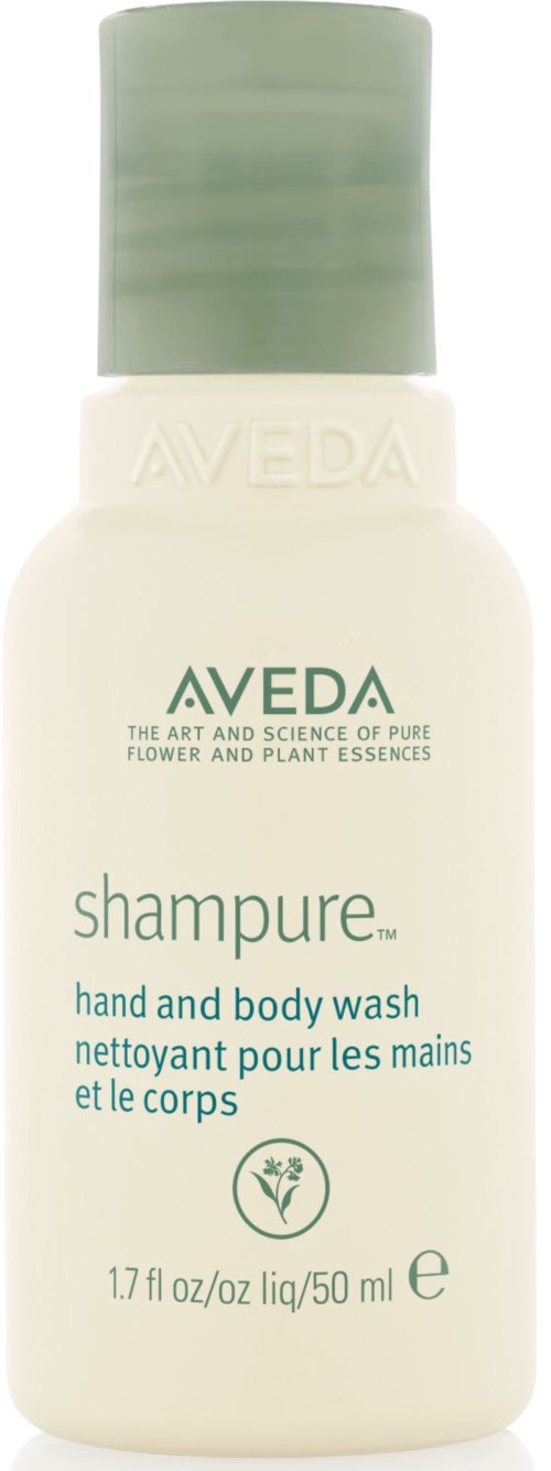 Liten vit flaska med grönt lock, märkt 'Aveda' och 'shampure' för hand- och kroppstvätt.