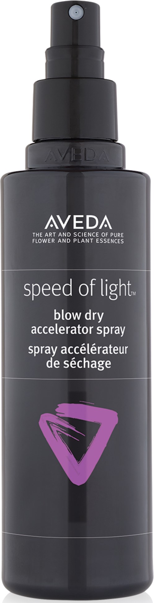 En svart sprayflaske med lilla og hvit tekst, merket som Aveda's spray for rask tørking.