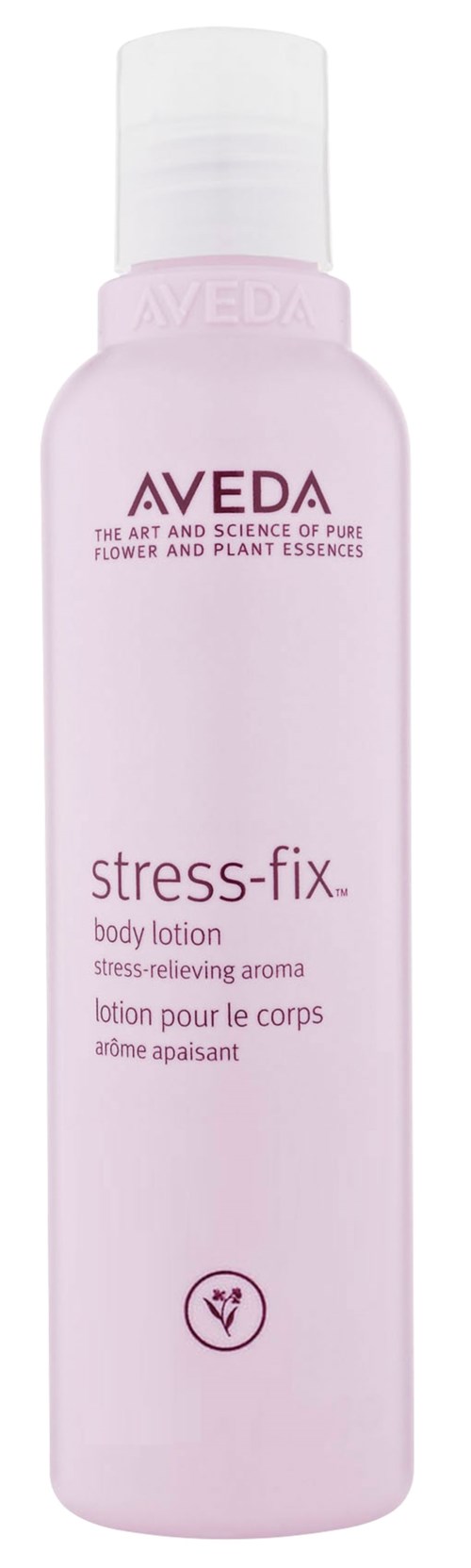 Eine rosa Flasche Aveva Stress-Fix Bodylotion mit weißem Deckel, für Entspannung und Stressabbau.