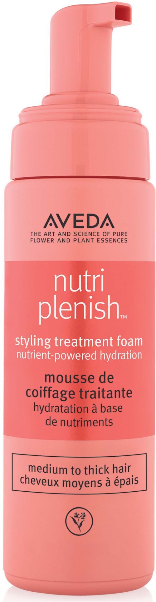 Rote Flasche von Aveda Nutri Plenish Styling Behandlungsschaum für mittlere bis dicke Haare. Enthält pflanzliche Inhaltsstoffe.