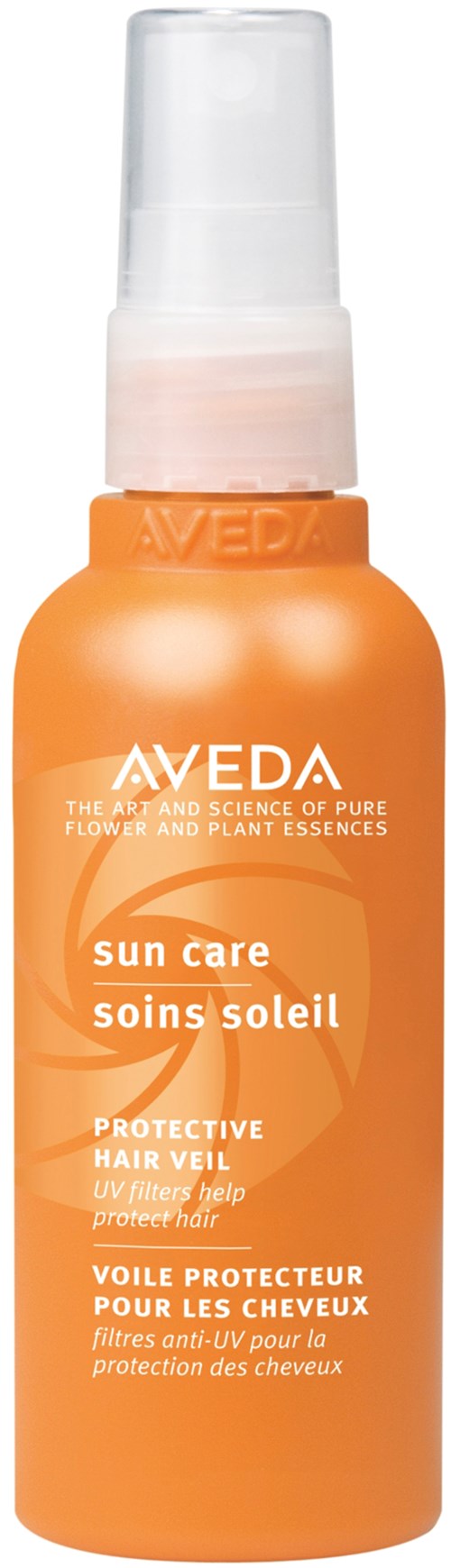 An orange spray bottle labeled Aveda Sun Care with a transparent cap, designed for protecting hair from sun damage.