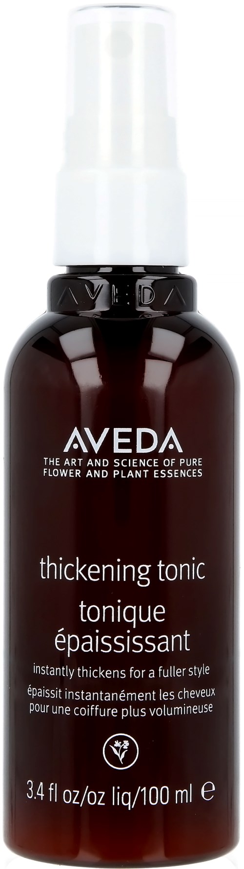 Eine dunkelbraune Sprühflasche mit weißem Deckel, beschriftet mit 'AVEDA thickening tonic' für Haarpflege.