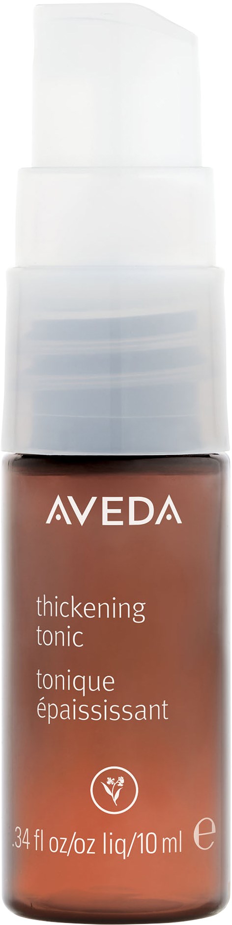 Aveda-flaskan med förtjockningstonic, brunt märke och vitt lock, för hårvård.