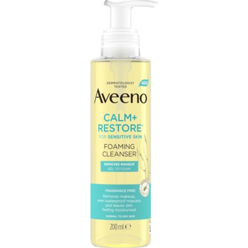 Avento Calm+ Restore foaming cleanser for sensitive skin, fragrance-free, removes makeup, gel-to-foam, 200 ml bottle.