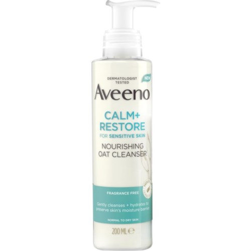 A bottle of Aveeno Calm+Restore nourishing oat cleanser for sensitive skin, fragrance-free, 200 ml.
