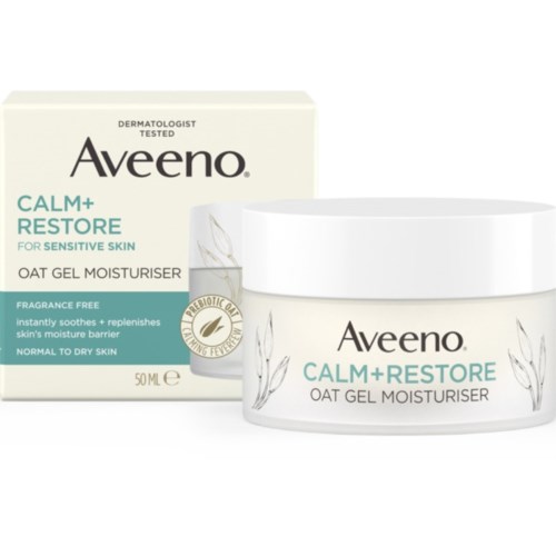 A box and jar of Aveeno Calm + Restore oat gel moisturizer for sensitive skin with a clean, simple design.