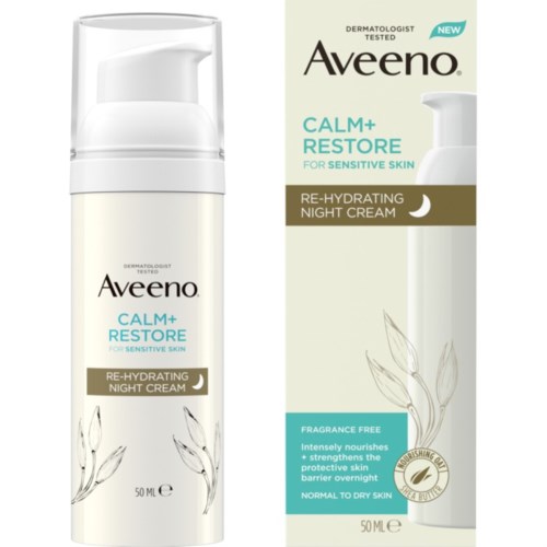 Calm+ Restore night cream for sensitive skin, bottle and box packaging, with a leaf illustration, fragrance-free.