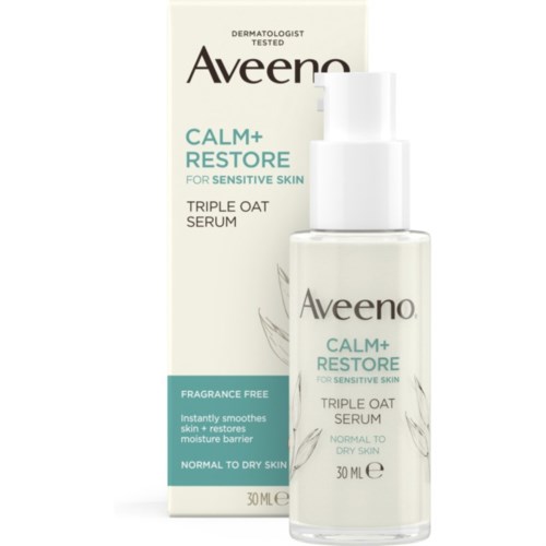 A bottle of Aveeno Calm+Restore Triple Oat Serum with its box, designed for sensitive skin, 30ml. Key text visible.