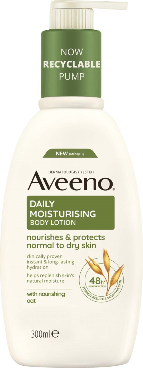 A white bottle with a green pump labeled Aveeno Daily Moisturising Body Lotion, designed for dry skin, with natural oats.