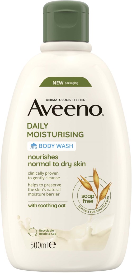 A white bottle of Aveeno Daily Moisturising Body Wash with a green cap, labeled as soap-free and nourishing for dry skin.