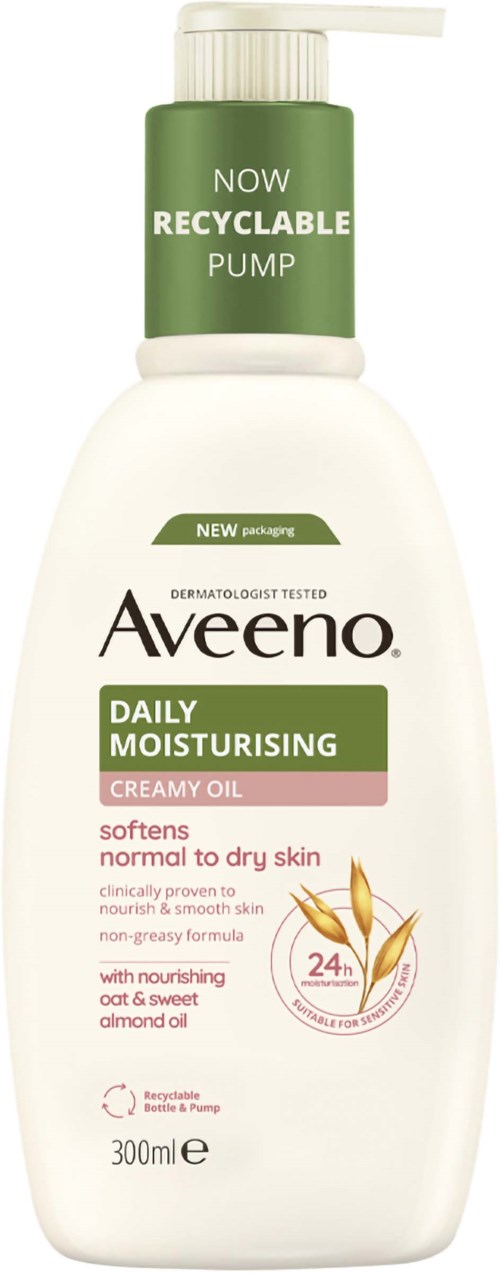 A bottle of Aveeno daily moisturizing creamy oil with a pump, highlighting it is recyclable and contains almond oil.