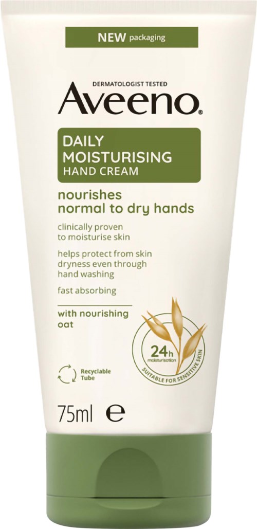 A white and green tube of Aveeno daily moisturizing hand cream for dry hands, with herbal illustrations and a 75ml size.