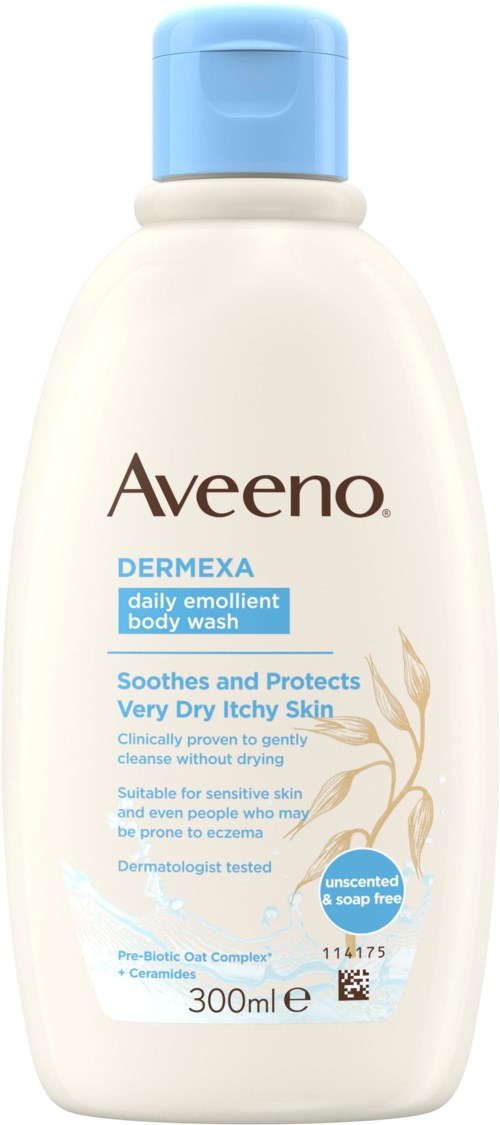 A white bottle of Aveeno Dermexa body wash with a blue cap. It soothes very dry, itchy skin and is suitable for sensitive skin.