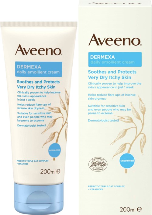 Zwei weiße Tuben und eine Verpackung von Aveeno Dermexa Tagescreme für sehr trockene, juckende Haut, je 200ml.