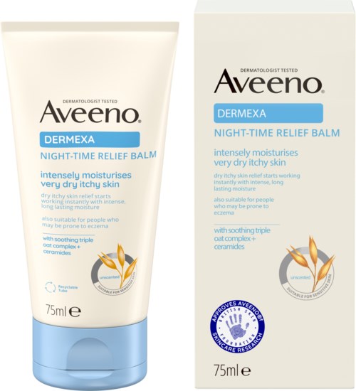 Cream tube for Aveeno night-time relief balm for very dry, itchy skin. Contains soothing ingredients and oat complex.