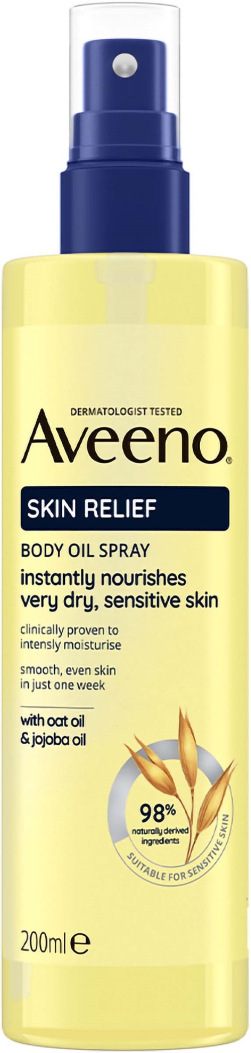 A yellow and blue spray bottle labeled Aveeno Skin Relief, for sensitive skin, with plant illustrations on it.