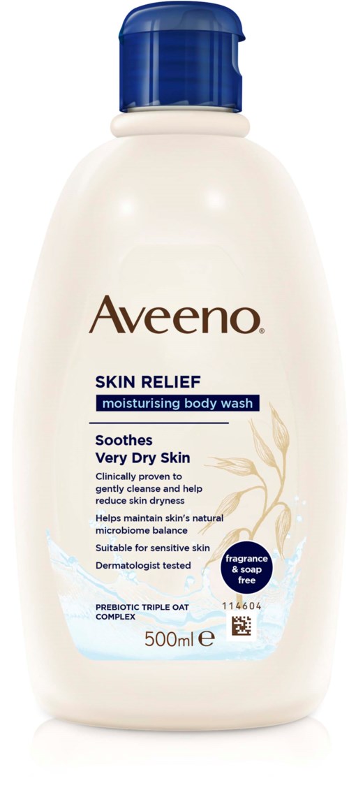White bottle with blue cap, label says Aveeno Skin Relief body wash, gentle and moisturizing for sensitive skin.