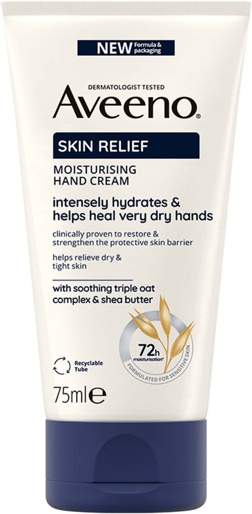 A tube of Aveeno Skin Relief Hand Cream with oatmeal and shea butter, showing 75ml size and healing benefits.