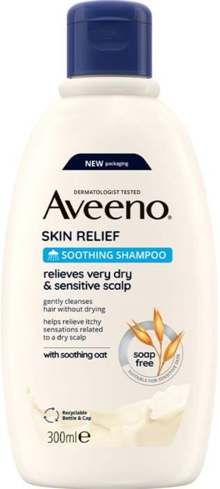 A white bottle of Aveeno soothing shampoo with a blue cap and label, featuring an image of oats and a soap-free sign.