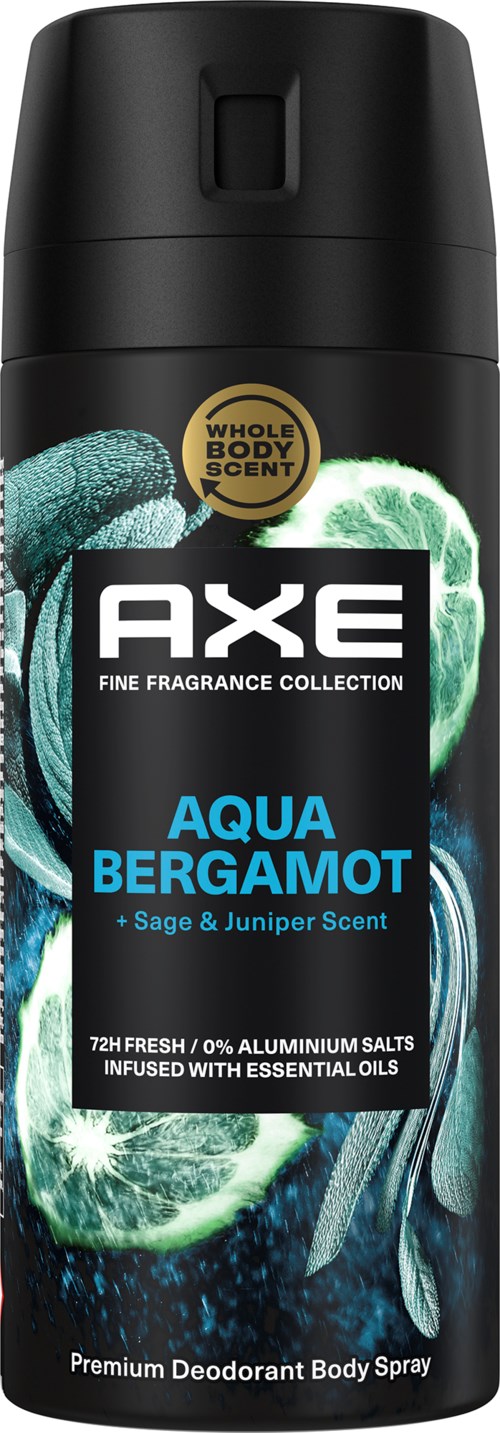 Een zwarte lichaamspraybus met AXE Aqua Bergamot, limoen en water afbeeldingen, voor een frisse geur.