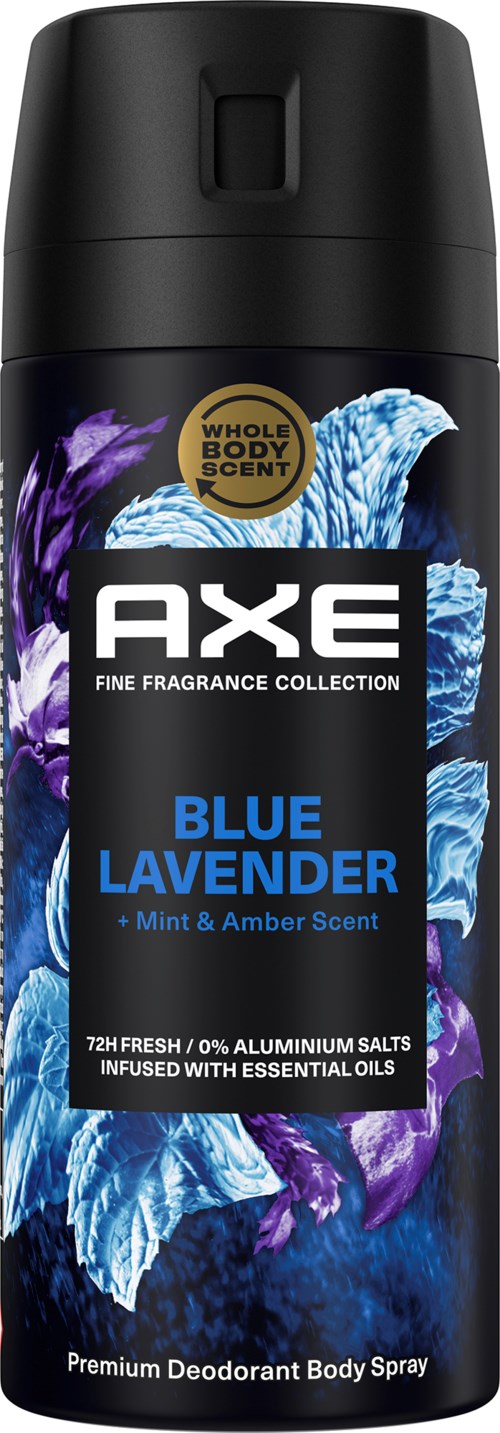 Zwarte deodorantspuit met blauwe en paarse bloemenontwerp en tekst over lavendelgeur en frisheid.