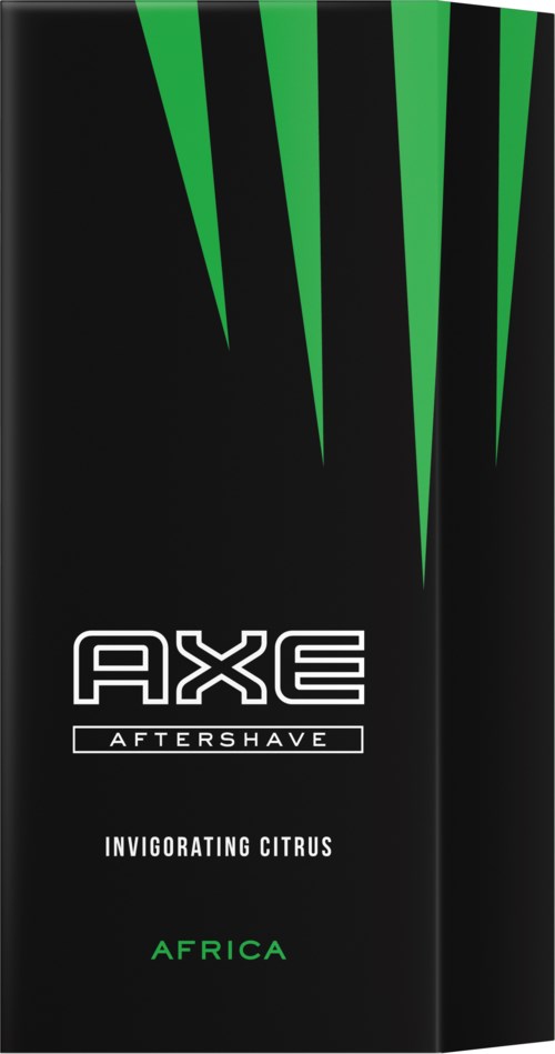 Een zwarte aftershavefles met 'AXE', groene punten en woorden 'Invigorating Citrus' en 'Africa'.