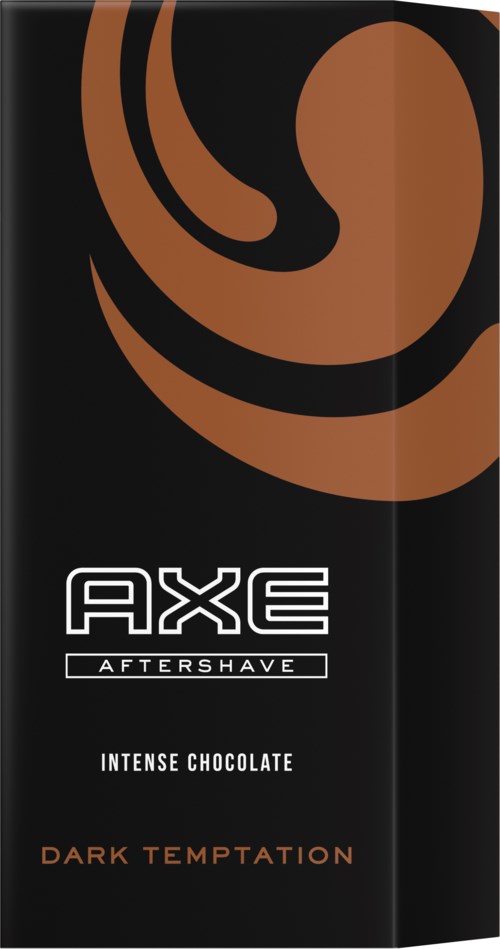 Zwarte chocoladeverpakking met bruine krullen, witte en oranje tekst voor Axe Aftershave, Intense Chocolate, Dark Temptation.