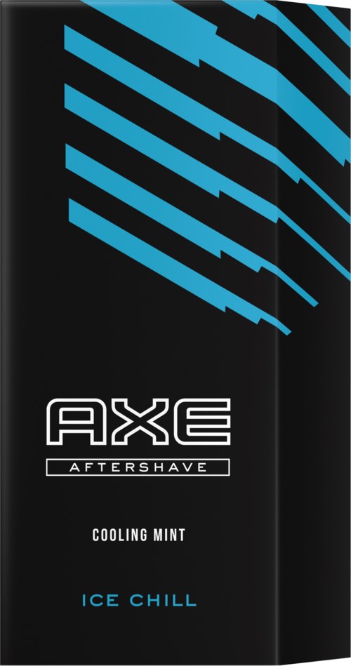 De zwarte aftershavefles heeft blauwe lijnen en tekst met "AXE", "Cooling Mint" en "Ice Chill".