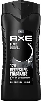 Een zwarte AXE lichaamspraybus met een zilveren dop, labelt 'Refreshing Fragrance' en '12H'.