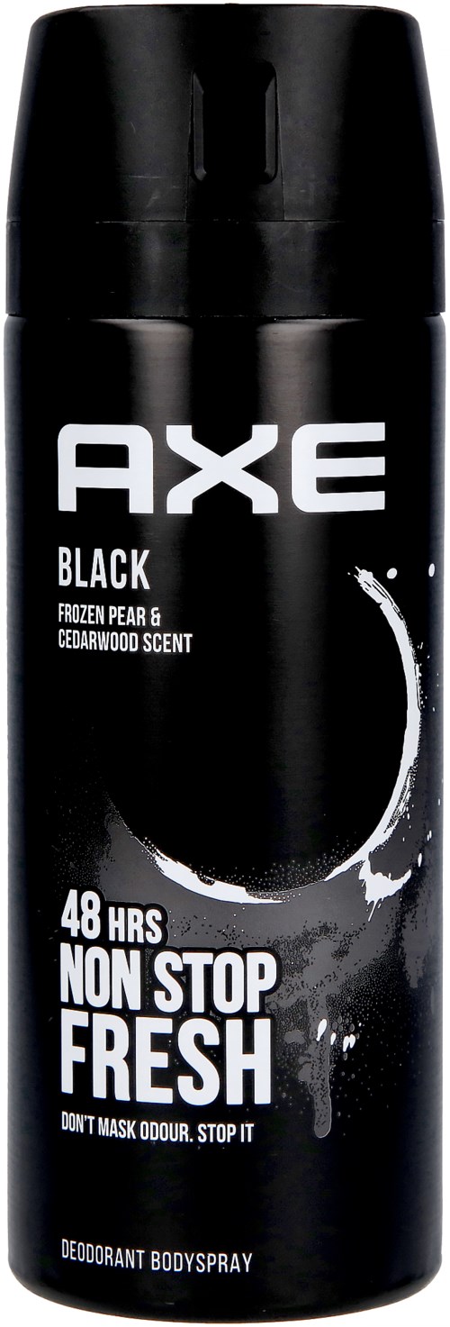 Een zwarte bus met AXE deodorant bodyspray met witte en grijze tekst, inclusief geurnaam en langdurige claim.