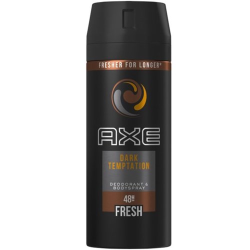 Een zwarte cilindervormige Axe deodorant spraybus met bruin en grijs label, met merknaam en geurgegevens.