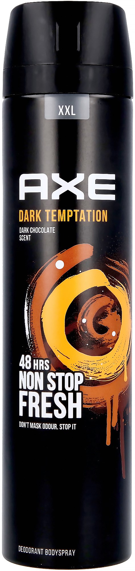 Een zwarte AXE deo-spray met oranje en witte tekst en spiraalontwerp. Gemarkeerd XXL en belooft 48 uur frisheid.
