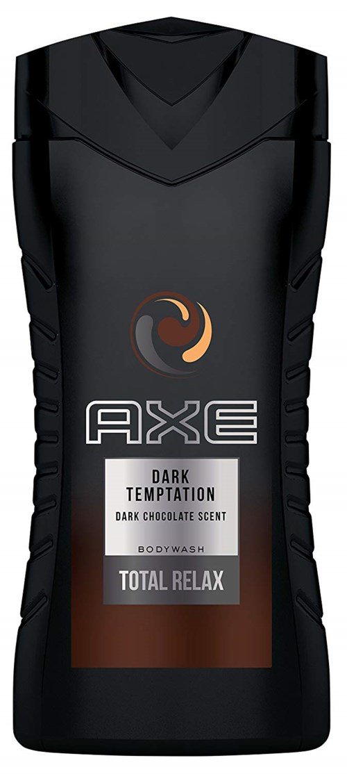 Een zwarte bodywash-fles met label voor Axe Dark Temptation met donkere chocoladegeur en Total Relax.