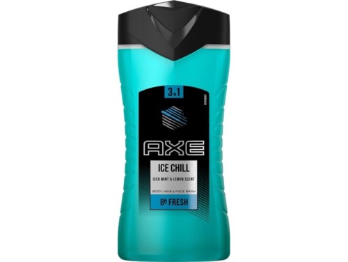Een blauwe, zwarte en grijze fles AXE Ice Chill douchgel met citrusuur en 8-in-1 frisse formule.
