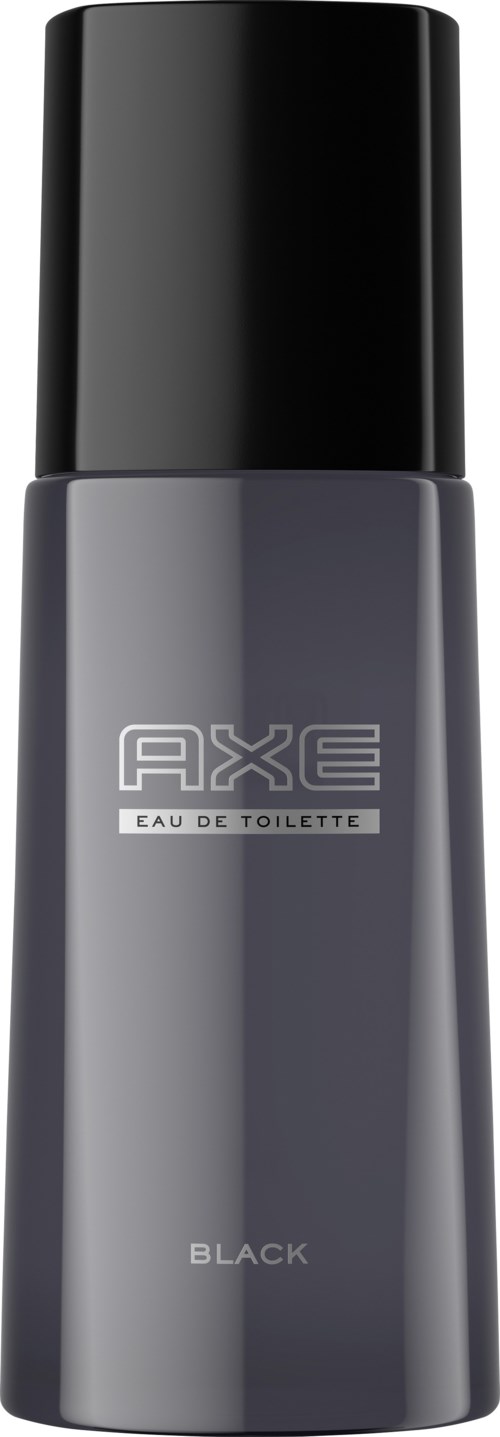 Een zwart en grijs flesje van AXE herenparfum, met 'Black' erop, slank ontwerp en zwarte dop.