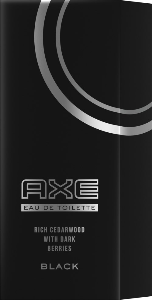 Een zwarte toilettfles met zilveren ringen en witte tekst, zegt "AXE Eau De Toilette," met geurdetails en kleur.