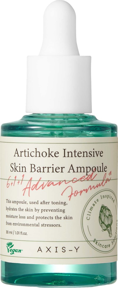 Klein glazen fles met pipetdop, labelt als Artichoke Intensive Skin Barrier Ampoule, voor huidverzorging.