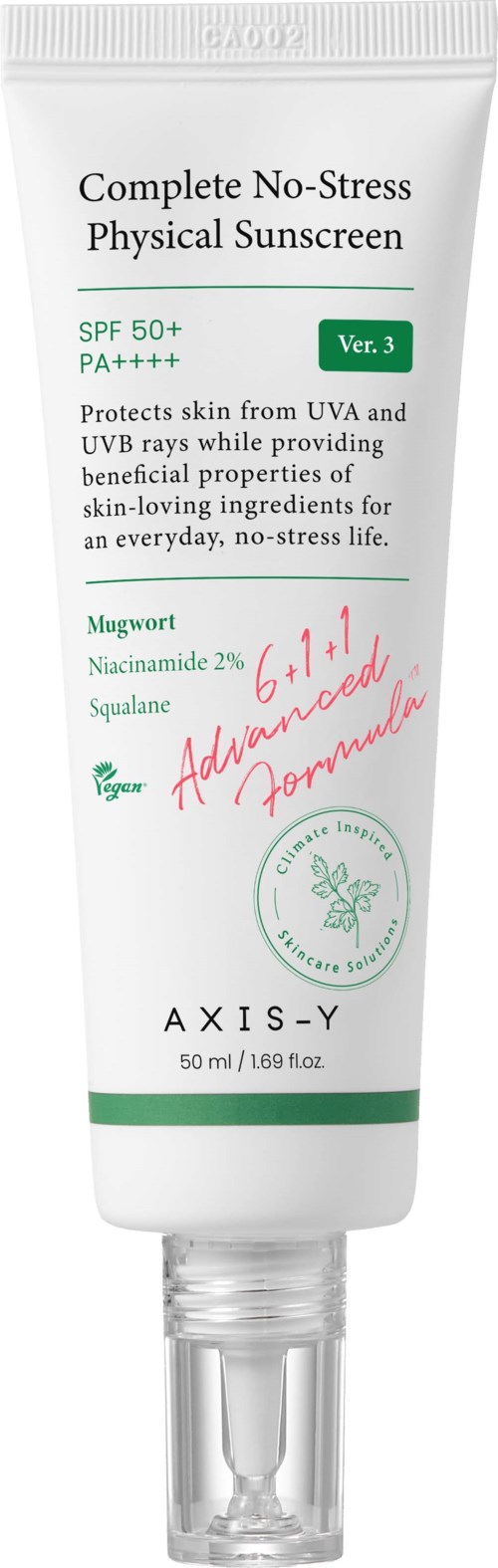 Een witte tube zonnebrandcrème met groene en rode tekst, gemarkeerd 'Complete No-Stress Physical Sunscreen' en SPF 50+.
