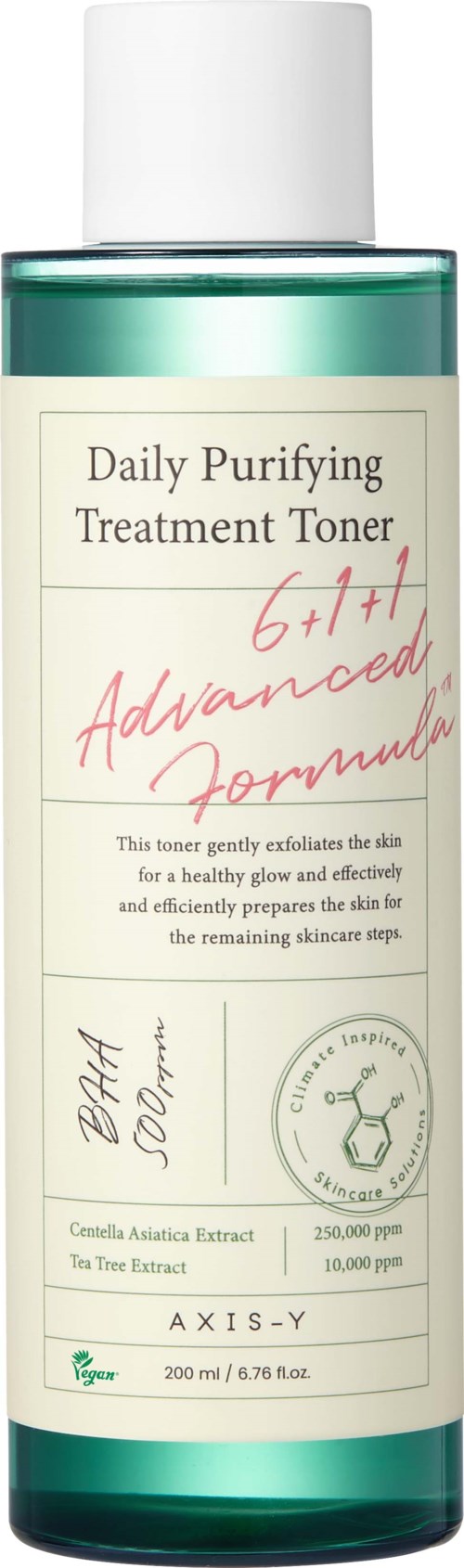 Een huidverzorgingsfles met label 'Daily Purifying Treatment Toner' met witte dop en groene fles.
