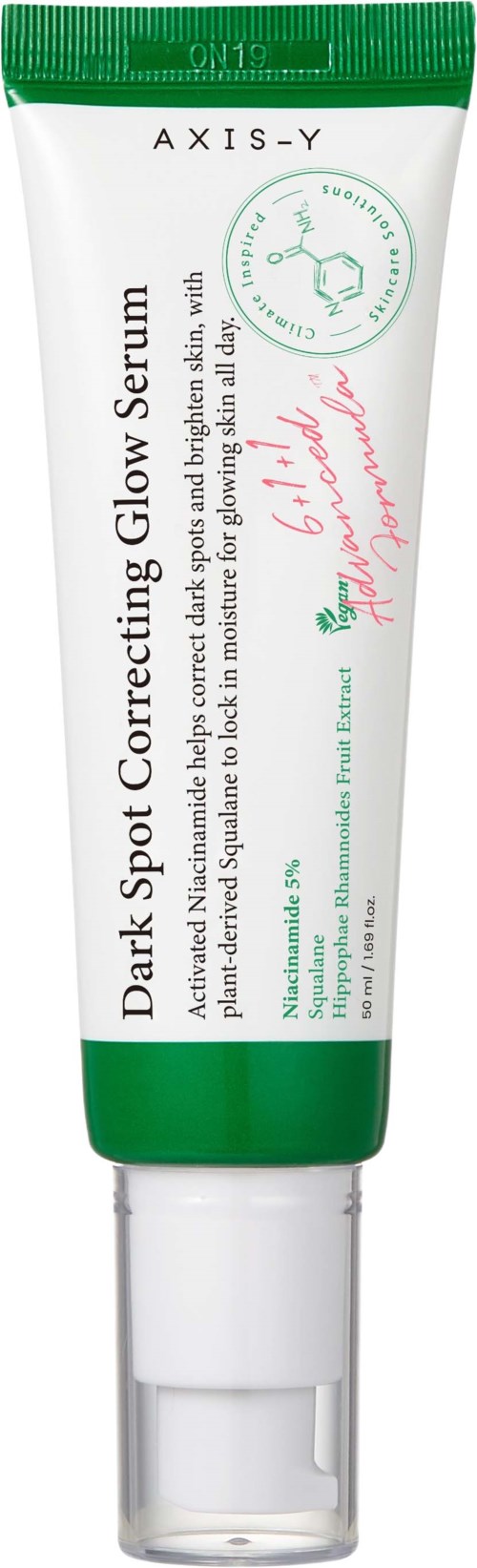 Een tube AXIS-Y Dark Spot Correcting Glow Serum met groene en witte verpakking en een doorzichtige dop.