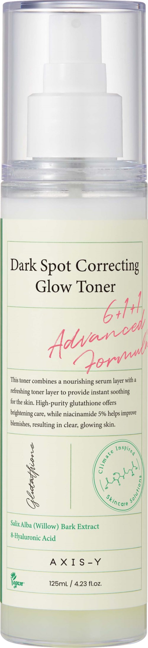 Een huidverzorgingsfles met label 'Dark Spot Correcting Glow Toner' en pomp, bedoeld om de huidtint te egaliseren en een glans te geven.