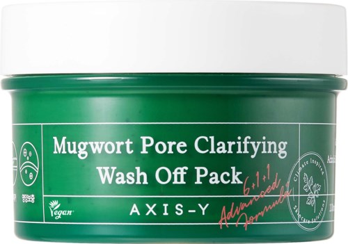 Groene container met witte deksel, met label voor Mugwort Pore Clarifying Wash Off Pack.