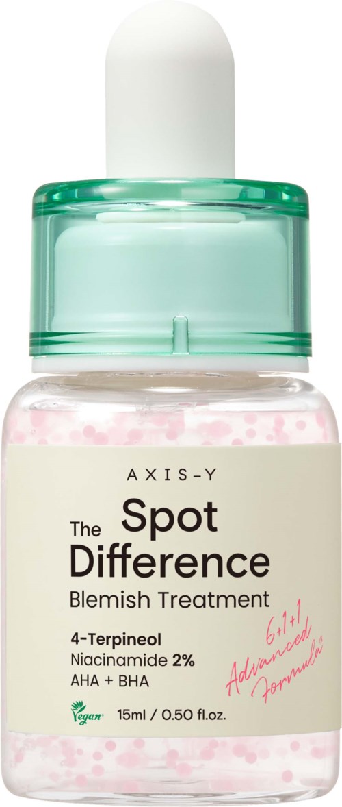 Een doorzichtige fles met een witte druppeldop, gelabeld 'The Spot Difference' voor aga-behandeling, met roze en witte medicatie.