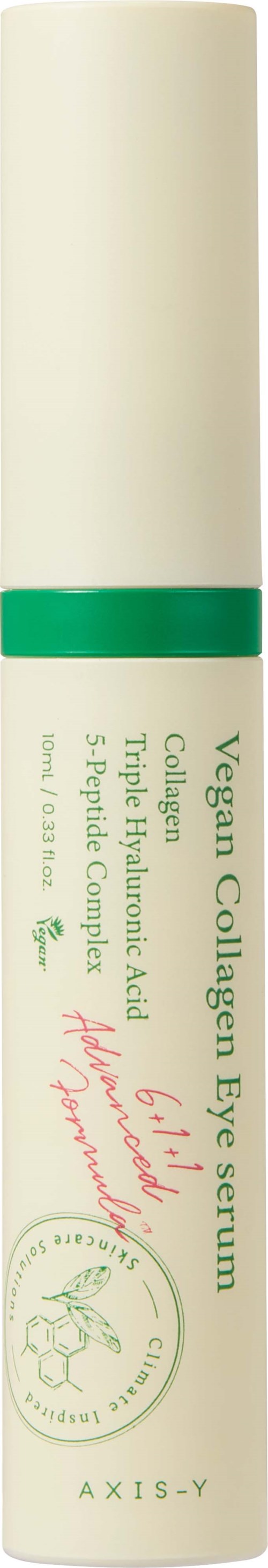 Een witte en groene stift met label als veganistisch collageen oogserum met natuurlijke ingrediënten.