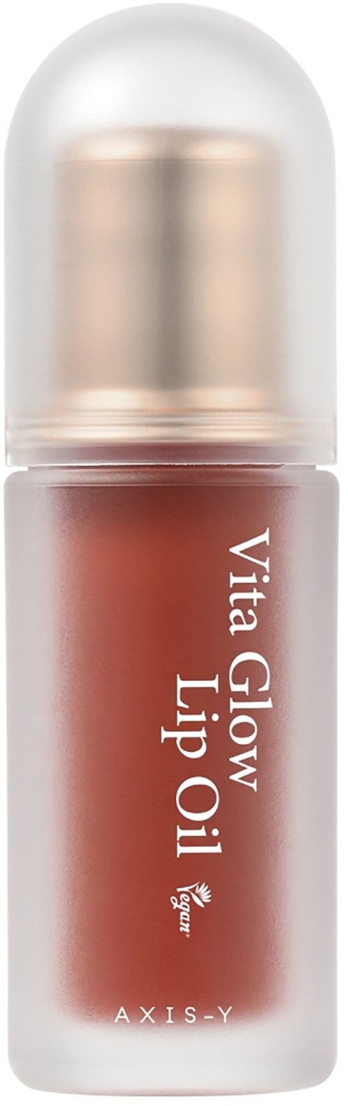 Een kleine tube lippenbalsem getiteld 'Vita Glow Lip Oil' van AXIS-Y, met doorzichtige dop en bruinachtig tintje.