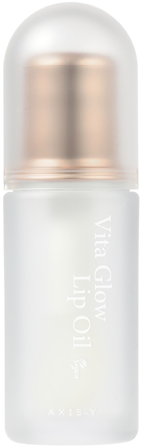 Een klein witte fles met ronde doorzichtige dop en goudkleurige bovenkant, gelabeld 'Vita Glow Lip Oil'.
