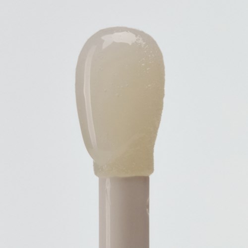 Een close-up van een lichtgekleurde ijslolly op een stokje tegen een witte achtergrond.