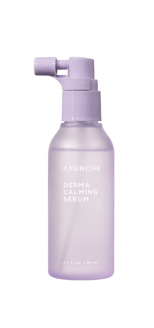 A purple bottle with a spray top, labeled 'AYUNGE Derma Calming Serum'.